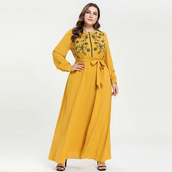 

2019 Spring New Floral Embroidery Maxi Long Dress Fashion Long Sleeve Islamic Dress Muslim Abaya Plus Size Women Clothing 4XL