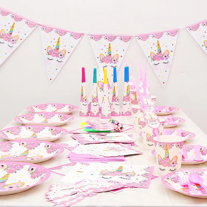 

For 10 Kids Pink Unicorn Disposable Cups Table Cover Hat Plate Knife Fork Spoons Sticker Birthday Party Supplies Decoration