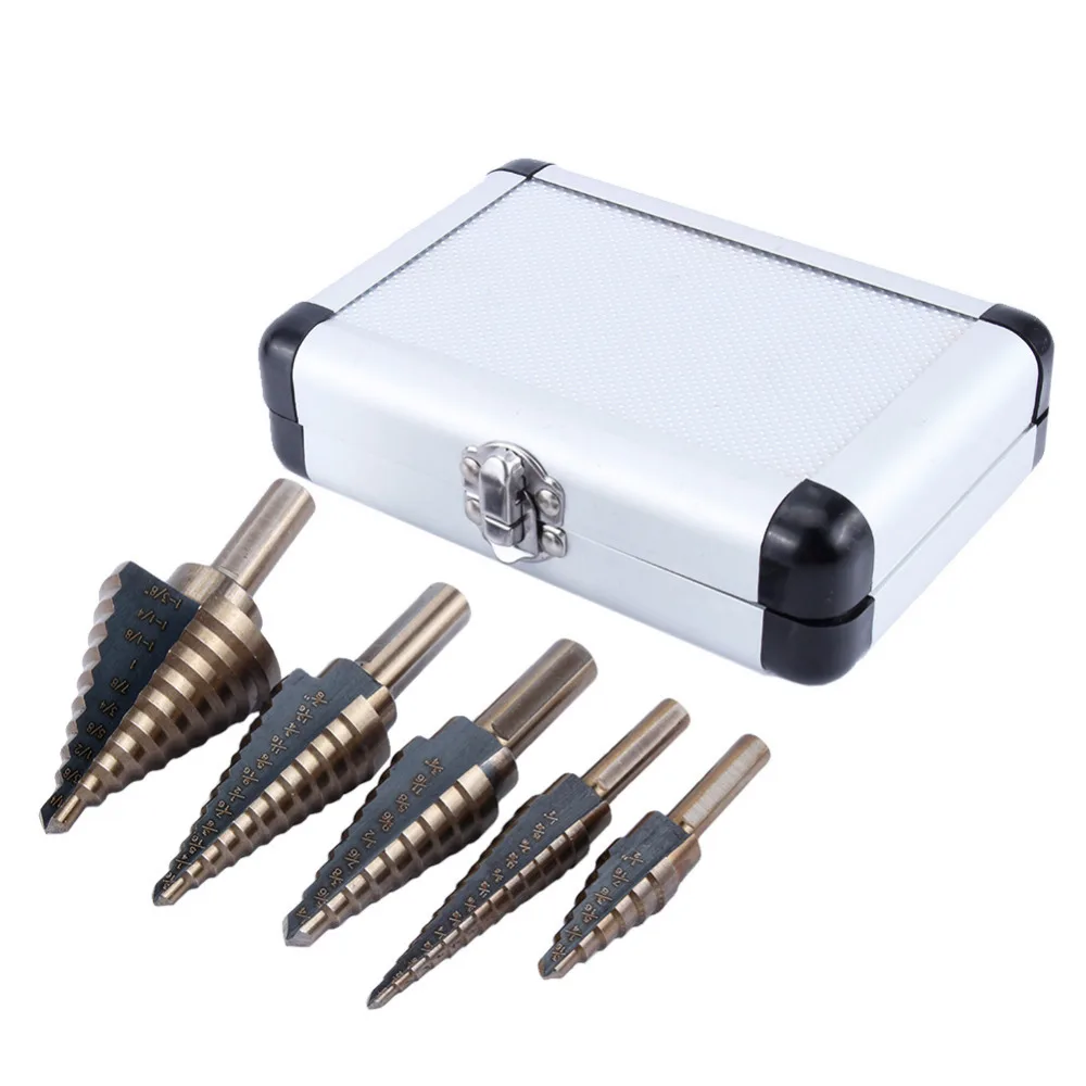 5pcs-Lot-Step-Drill-Bit-Set-HSS-Cobalt-Multiple-Hole-Step-Titanium-Cone-Drill-Bit-Tool