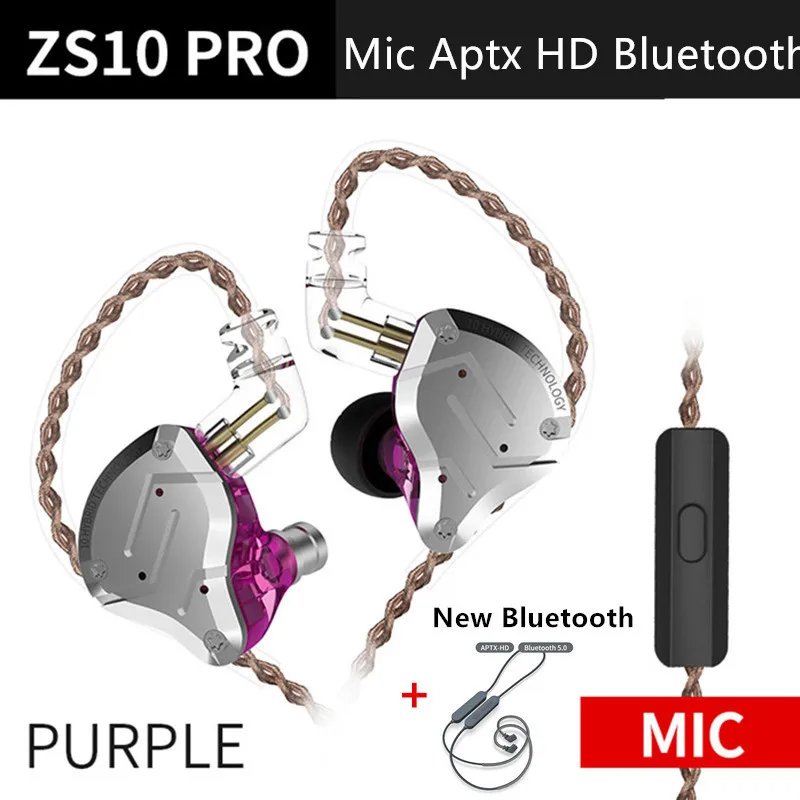 Kz Zs10 Pro Aptx Hd Bluetooth кабель в ухо наушники гибридные 4Ba+ 1DD Hifi бас наушники металлические наушники спортивные для Iphone - Цвет: PurpleMicAPtxHDbluet