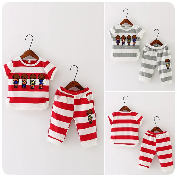 

2016 Xia Hanban Children's Garment Girl Baby Embroidery Villain Jacket Stripe T-Shirt Suit Children Leisure Time 2 Pieces Set