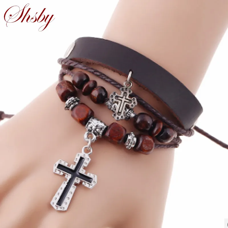 

Shsby Men's leather bracelets Cross jewelry bangles women Vintage Multiple Layer Leather Charms Bracelets For girl & boy gift