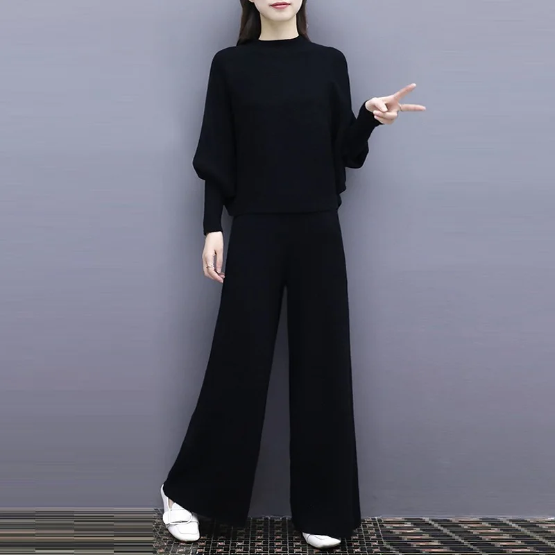 

Two Piece Set Women Batwing Sleeve Sweater And Wide Leg Pant Suit 2018 Autumn Winter Fashion Knitted Loose Pants Suits 2 PCS