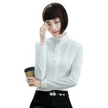 Fashion women clothes slim shirt OL formal long sleeve Stand collar chiffon blouses office ladies plus size work wear tops white