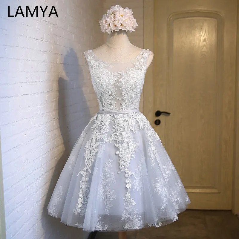 

LAMYA Elegant Lace With Tulle Prom Party Dresses 2019 Cheap Short A Line Formal Dress Plus Size Vestidos De Novia