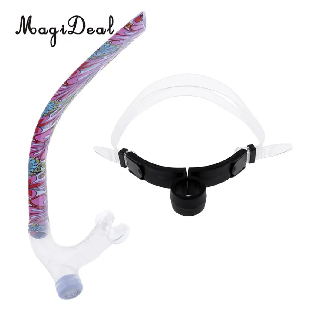 Front Snorkel for Swimmers Training - Center Mount Easy Breath Silicone Mouthpiece Swim Snorkel Tube With Adjustable Head Strap