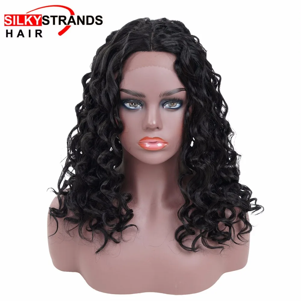 Черный Средний длина свободная волна синтетический парик фронта шнурка шелковистые пряди Афро-американский женский черный термостойкий
