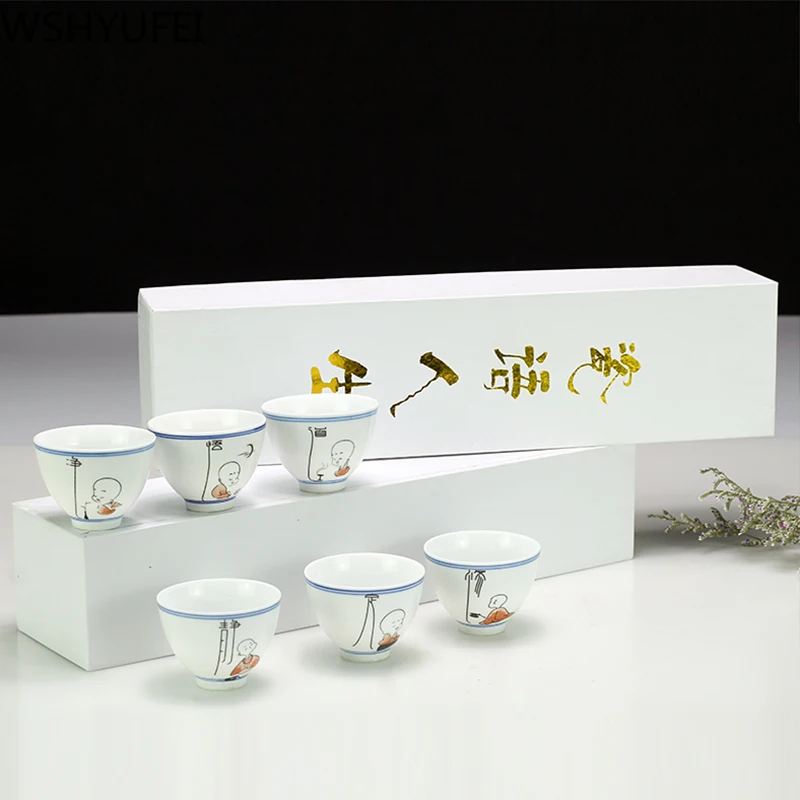 6 шт./партия, Подарочная коробка, 6 упаковок, чайная чашка кунг-фу, керамический набор чашек, натуральная кружка, бытовой простой белый фарфоровый чайный сервиз