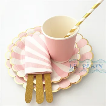 

8 Sets (56pcs) Striped Scallop Paper Plates Pink Cups Foil Gold Straws Glitter Wooden Cutlery Cocktail Napkins for Baby Shower