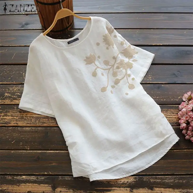 

2023 ZANZEA Summer Vintage Embroidery Blouse Women Short Sleeve Cotton Linen Shirts Female O Neck Blusas Chemis S- Tunic Tops