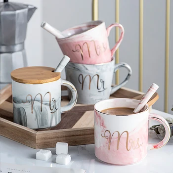 

1 Pcs Marble Design Coffee Mug With Spoon Bamboo Lid