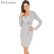 Ekouaer женское сексуальное пеньюар с длинными рукавами, Повседневная Ночная рубашка для кормящих, с v-образным вырезом, кружевное лоскутное женское платье для беременных
