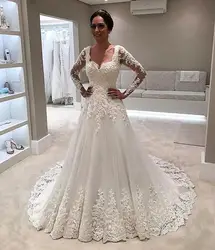 2019 винтажные Свадебные платья Линия Тюль аппликация из белого кружева Vestidos De Novia Иллюзия с длинным рукавом vestido de casamento