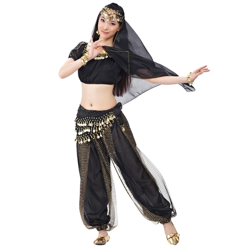 Взрослые индийские танцевальные костюмы танец живота Болливуд Женская одежда 5 шт. набор индийский комплект для выступлений топ+ брюки+ вуаль+ головной убор+ пояс - Цвет: Black
