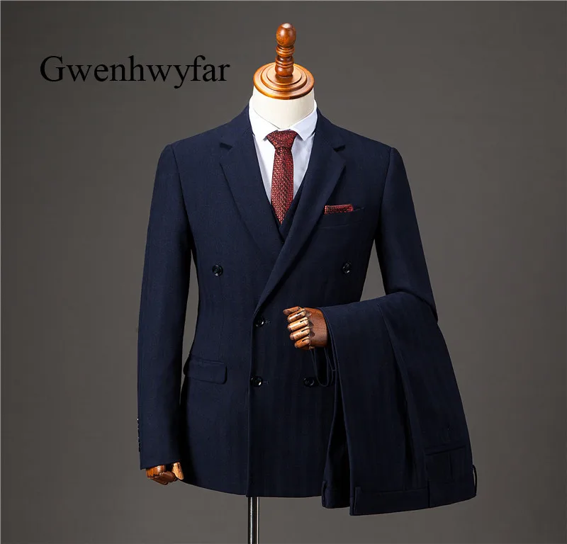 

Gwenhwyfar 2018 New Black Navy Plaid 3 PCS Double Breasted Formal Men Suits Wedding Bridegroom Tuxedos Slim Fit Groomsmen Suits