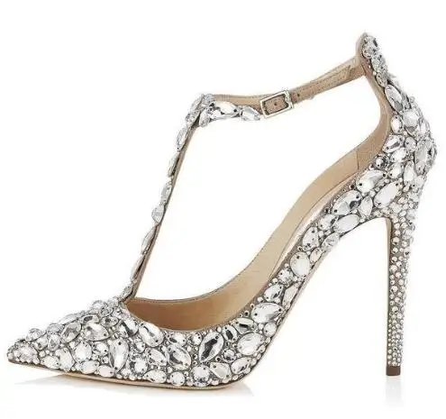 

Crystal Embellished Women Wedding Shoes Pointed Toe Stiletto High Heel Sandals T-bar Strap Cover Heel Buckle Strap Pump
