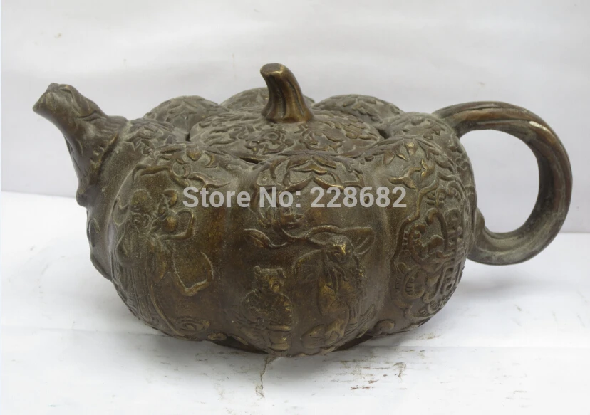

Collectible Chinese old copper carved 8 Immortals pumpkin teapot /flagon Chinese pot fast Shipping