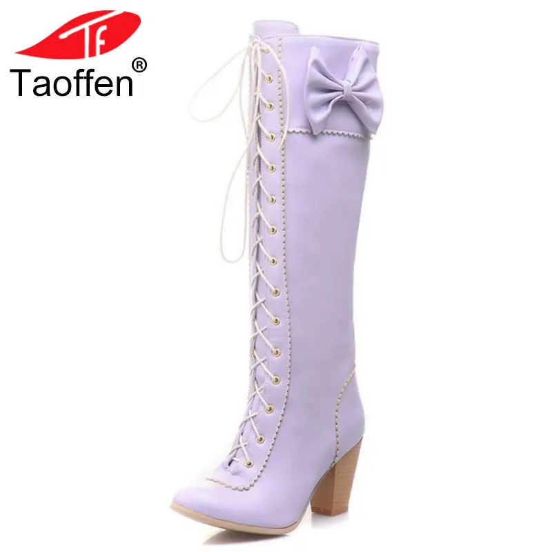

TAOFFEN Plus Size 34-48 Customized 6 Colors Best Quality Boots Sweet Bow Knee High Boots Shoes Women High Heels Fashion Shoes