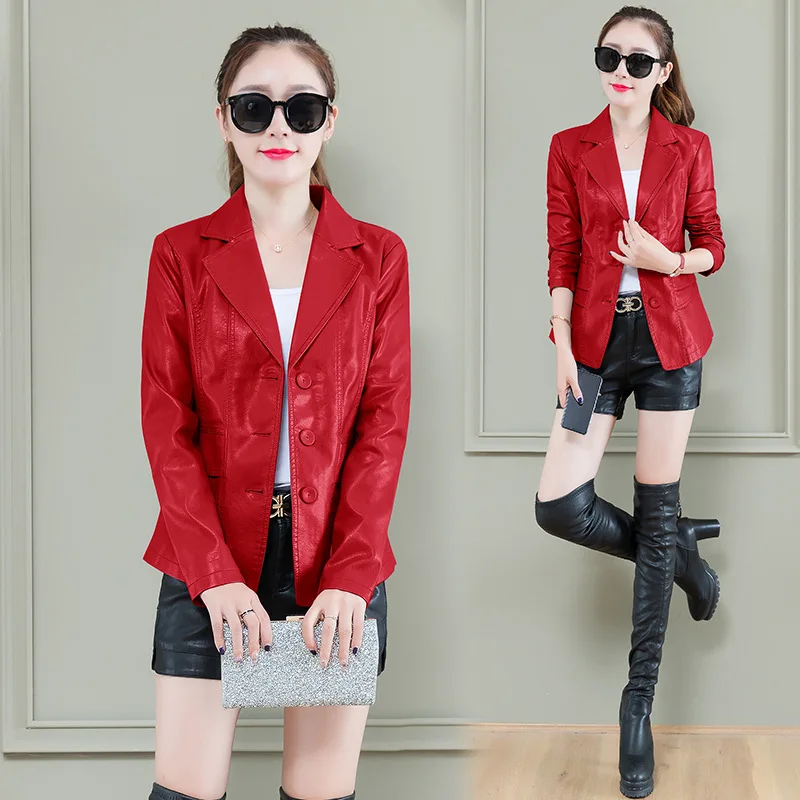Женская кожаная куртка, M-4XL, весна, новинка, тонкий, отложной воротник, однобортное Женское пальто из искусственной кожи, высокое качество - Цвет: wine red