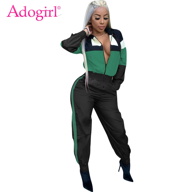 

Adogirl Color Patchwork Hooded Jumpsuit Zipper Front Long Sleeve Casual Romper Women Tracksuit Streetwear Fashion Hoodies Jumper