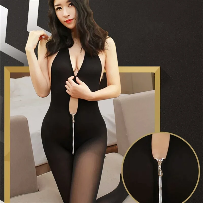 Plus Size Eroitc Lingerie Sexy Costumes Open Crotch Tights Female Sexy lingerie For Women Deep V Zipper Nylon babydoll Sleepwear