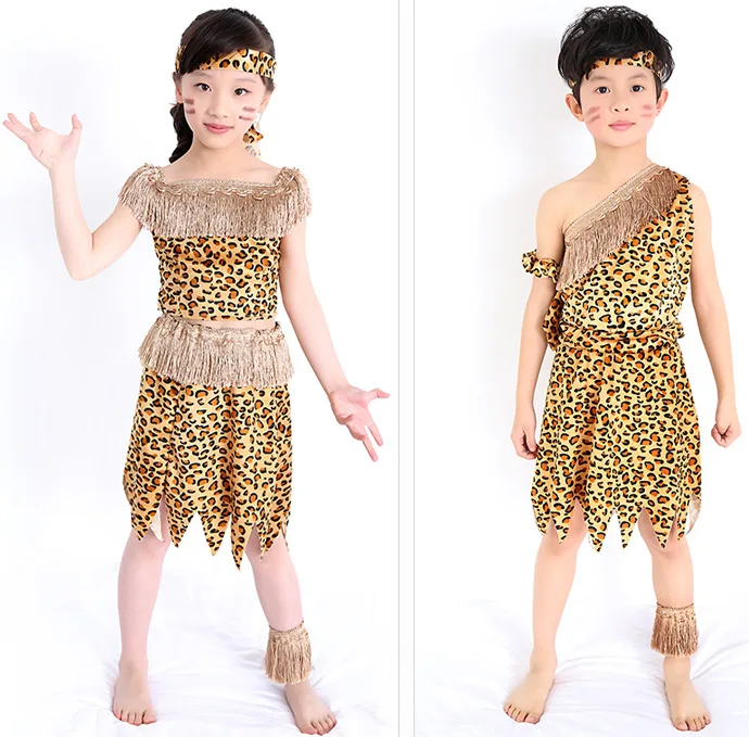 

Adults Children Savages Costumes African Tribes Hunter Dance Costumes Indians Leopard Print Clothing Toddler Cartoon Animal Wear