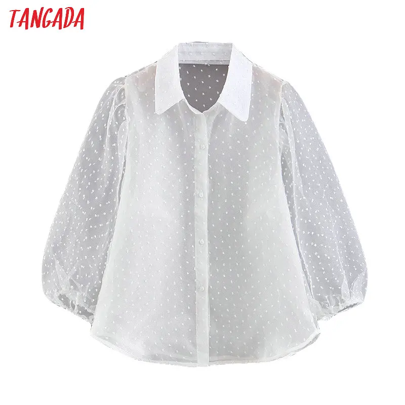  Tangada women white chiffon blouse transparent long sleeve turn down collar female oversized shirts