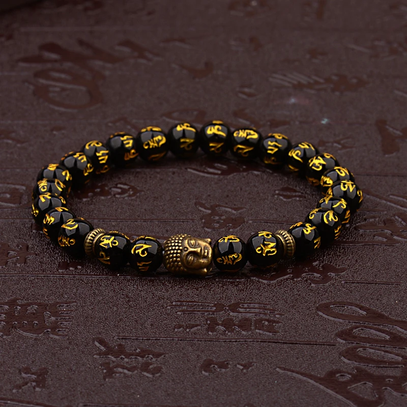 Women’s Retro Tibetan Black Beads Carve Mantra Om Mani Amulet Bracelet Men Vintage Buddhist Meditation Jewelry AB285