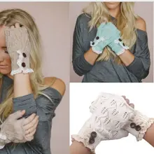 В западном стиле Рождество Женщины Девушки Твердые Кружево кнопка вязаный листьев Кружево без пальцев Прихватки для мангала Митенки для женщин 100 пар/лот#3902