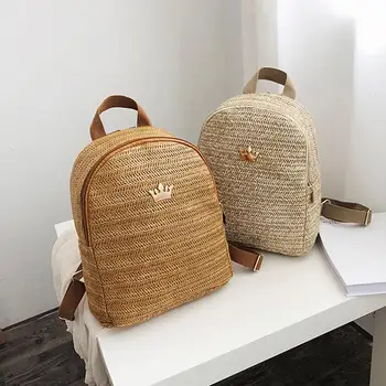 

Straw Woven Travel Backpacks Women Mini Shoulder Schoolbags Crown Decor Knapsack bolsa feminina Summer Back Pack For Teenage Gir