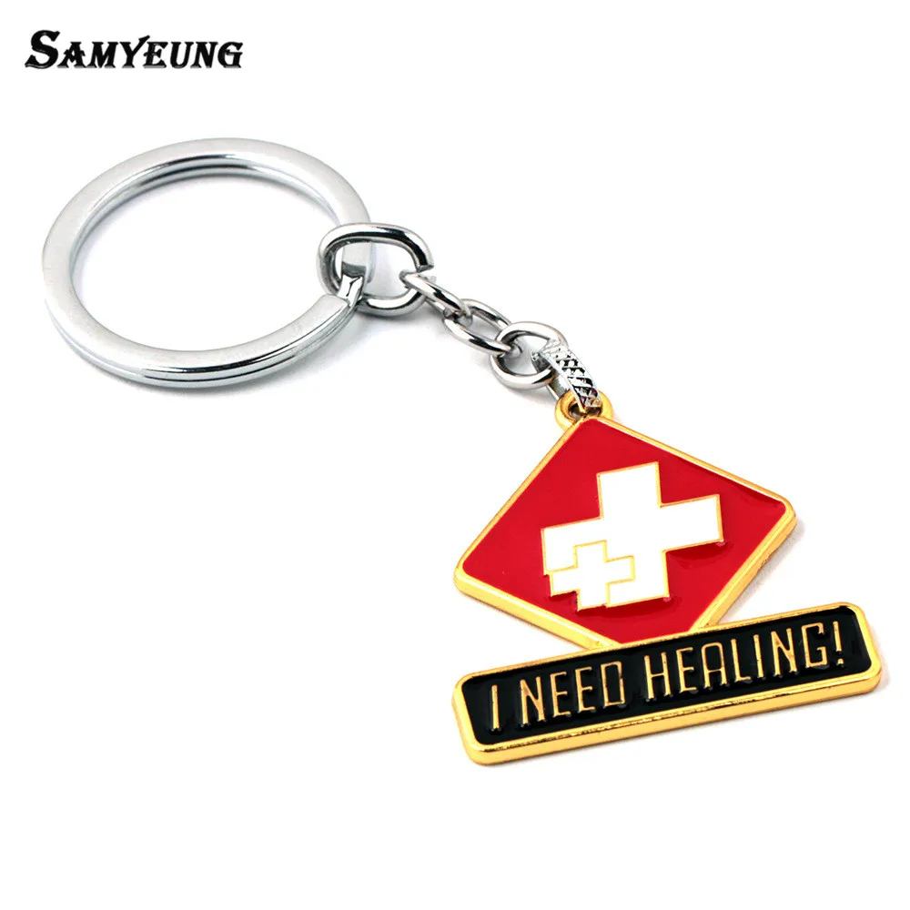 

Game Overwatch Key chains for Men Letter I NEED HEALING Over Watch Cross Keychains Women Keyring Key Holder Porte Clef