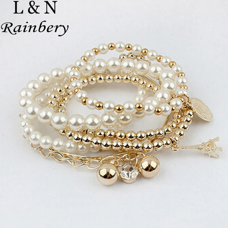 Rainbery Bracelets for Women Pulseras Gold Tower Charm Bracelets & Simulated Pearl Bracelet Bangles Femme Pulseira Masculina