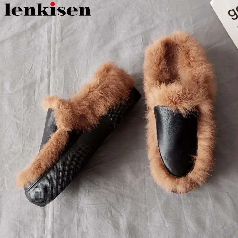

European designer luxury rabbit fur slip on mules cow leather thick med bottom round toe young lady fairy sweet girls pumps L25