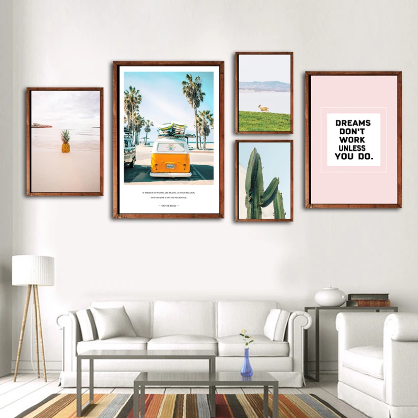

SVITY Nordic Decor Landscape Wall Art Poster Canvas Painting Beach Car Pineapple Seascape Wall Picture for Living Room FA713