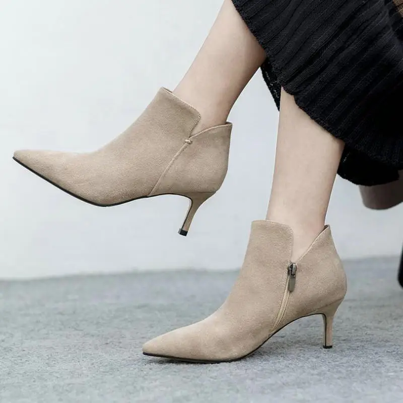 

2019 spring new fashion pointed toe high heel Cow Suede black apricot khaki Women shoes Booties Ankle Pumps Women Shoes