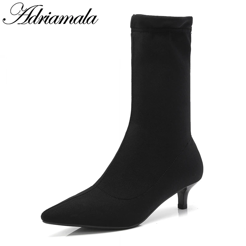 

2018 Satin Womans Black Mid Calf Boots Slip-on Motorcycle Boots Pointed Toe Thin Heels New Fashion Shoes For Women Adriamala