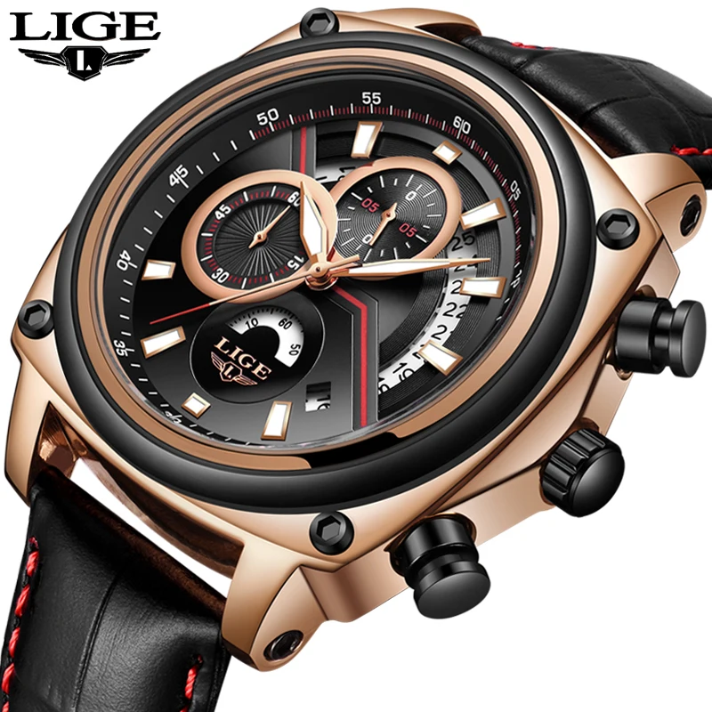 Мужские кварцевые часы Montre Homme LIGE роскошные деловые с хронографом и кожаным