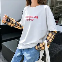 Long Sleeve T-shirt Women Hip-hop Ulzzang Tees Womens Patchwork Korean Style Fake Two Piece T-shirts