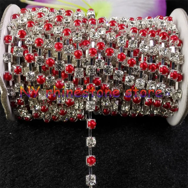 DIY,1yard,Diamante Trimming,SS18(4.3mm),Red Pearl,+White Crystal glass Rhinestone Silver Chain sew family decorates wedding