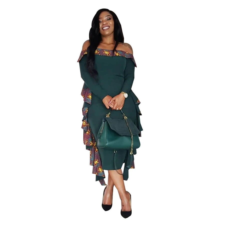 BAIBAZIN African Woman Dress Fashion Sexy Word Shoulder Long Sleeves With Fluttered Side Knit Dress