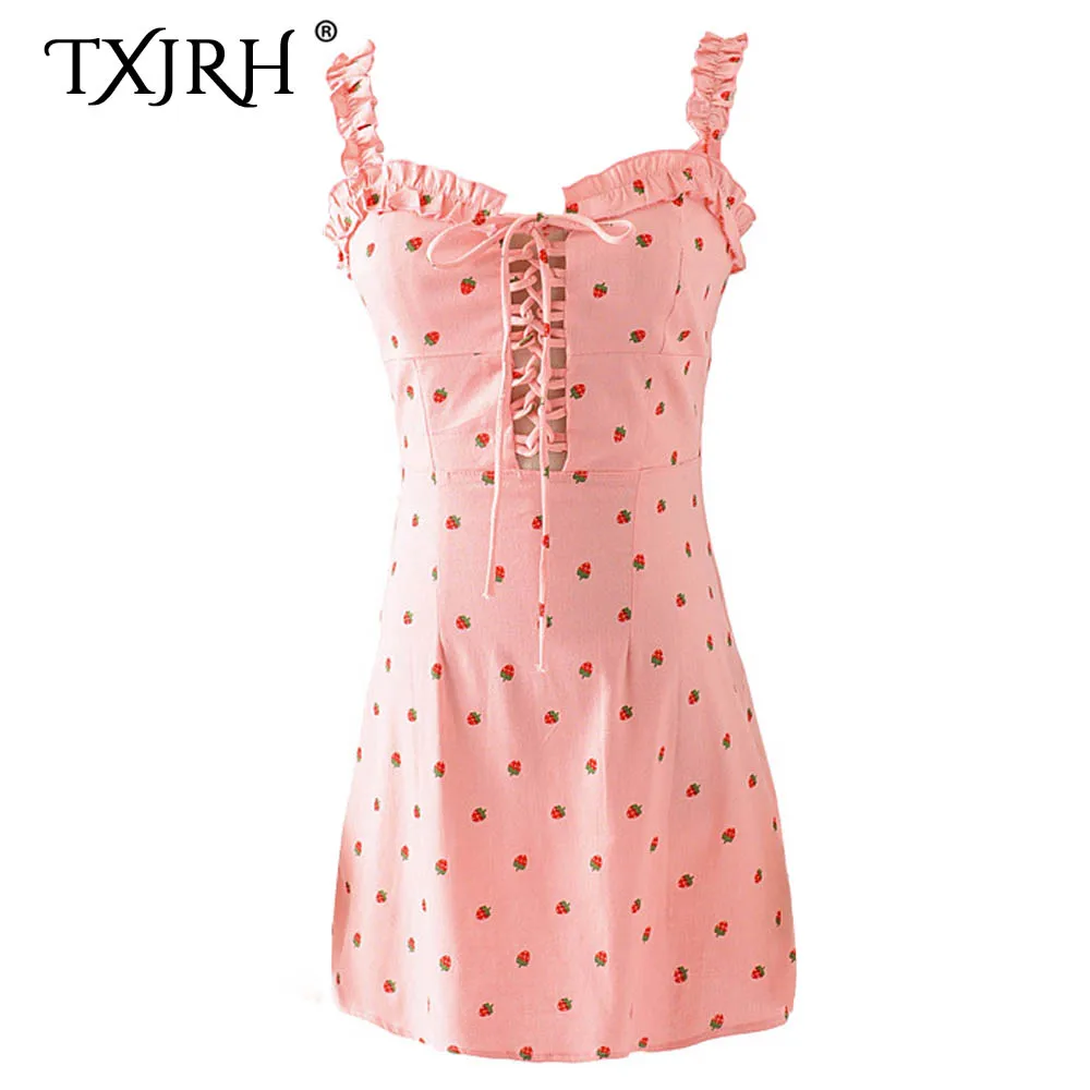 

TXJRH Sweet Bohemia Beach Strawberry Print Ruffles Spaghetti Strap Wood Ears Chest Cross Lacing up Bow A-Line Mini Dress 2 Color