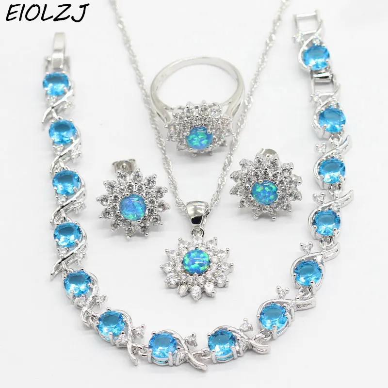 

Flower Stamp 925 Silver Jewelry Sets for Women Blue Artificial Fire Opals Engagement Ring Set Bracelet Earrings Necklace Box