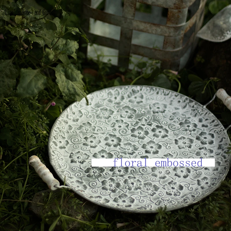 handcrafted round flat metal decorative antique tray with wood handles