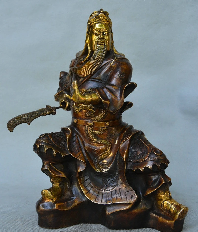 14 &quotКитай бронзовые позолоченные драконы халат Guan Gong Guanyu Yun-chang статуя генерала