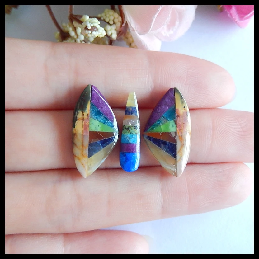 

Natural Gemstone Yellow Opal,African Purple Jasper,African Sodalite,Blue Apatite Crystal etc Intarsia Cabochon22x11x4mm,18x5x4mm