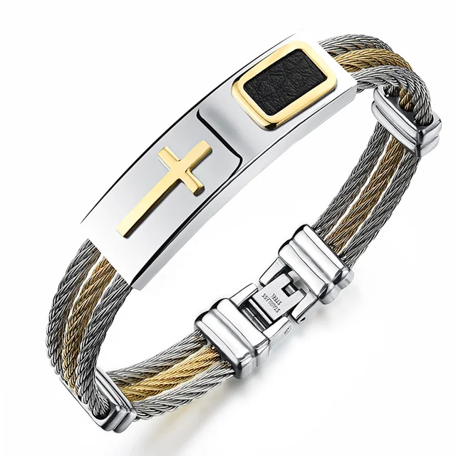 Stainless Steel Cross Bracelet Homme Men Jewelry Gold Color Punk Stainless Steel Cross Bracelet Homme Men Jewelry Gold Color Punk Heavy Metal Accessories 2017 Fashion Mens