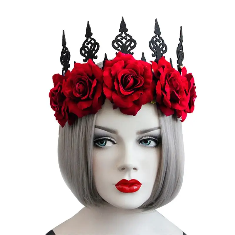 Леди голова королевы венок Винтаж, готика, черный Корона красные розы Тиара повязка на голову Хэллоуин вечерние Маскарад косплей