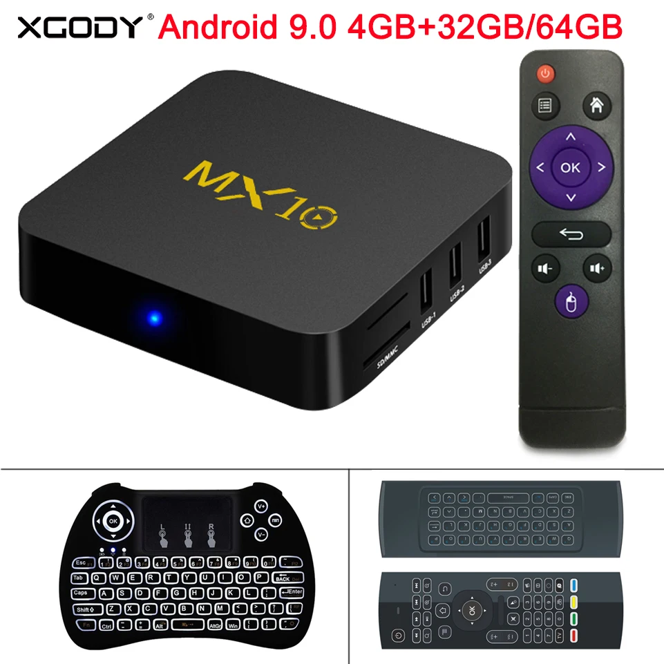 XGODY MX10 Android 9,0 Smart tv BOX RK3328 Четырехъядерный 4 ГБ 32 ГБ/64 ГБ телеприставка 2,4G wifi 4K HD 3D видео медиаплеер