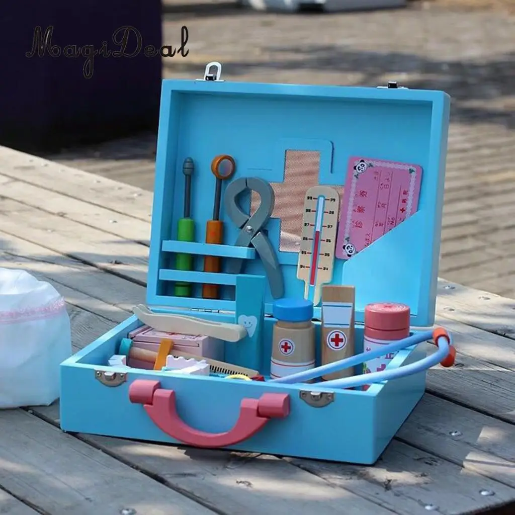 30PCS Wooden Medical Kits Box Tools Tablets Carry Case Doctor Nurse Pretend Role Playing Set Kids Educational Toy