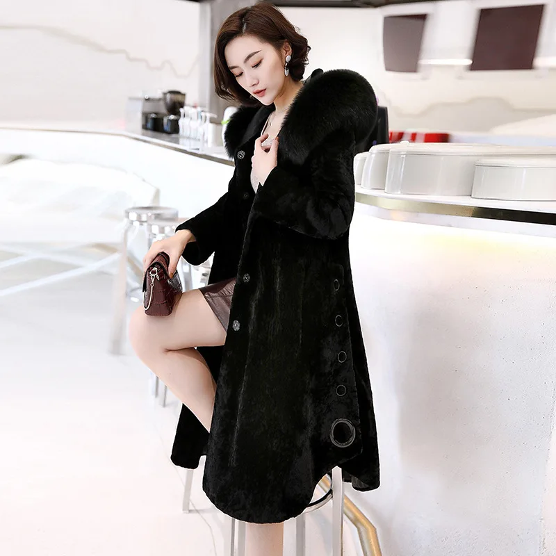 DUOUPA2019 зимнее Новое темпераментное меховое пальто для женщин из лисьего меха с капюшоном, меховое пальто для стрижки овец, длинное толстое пальто, Корейская версия тренда - Цвет: B